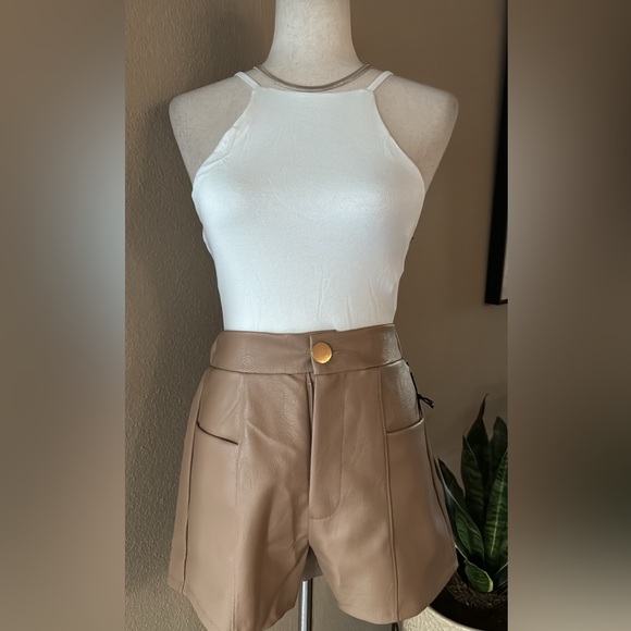 High waisted faux leather shorts in tan - Picture 10 of 10